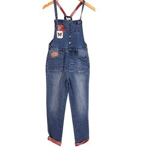 Matilda Jane Girls Denim Patchwork Butterfly Plaid Bib Overalls Blue Red Size 12